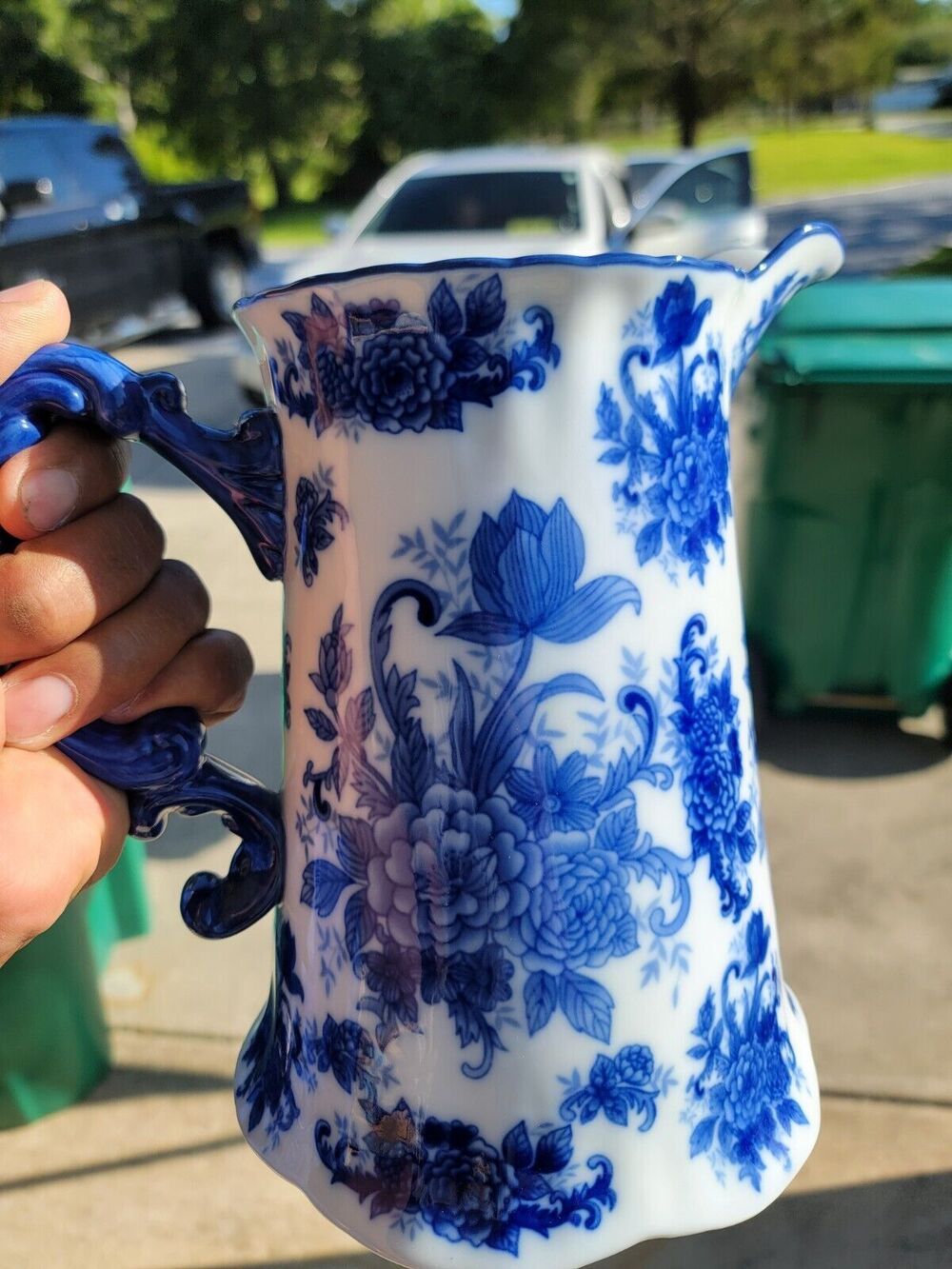 Cracker Barrel Country Store Blue White Porcelain 9” Repro Antique Pitcher